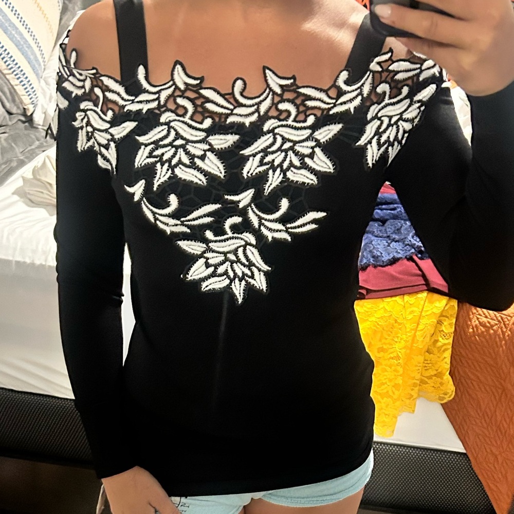 INC Deep Black Sweater with flower detail and cutouts